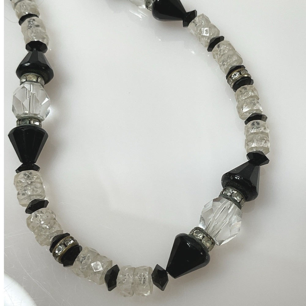 Vintage Art Deco Style Necklace Black Glass Lucite‎ Bead 30" Crystal Spacer